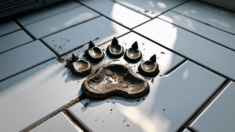 Muddy animal paw print on glossy tiled floor