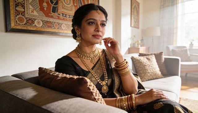 Indian woman wearing black and gold saree with layered gold jewelry on sofa
