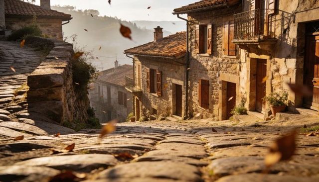 Sunlit cobblestone lane in historic Mediterranean village with falling autumn leaves