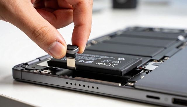 Technician lifting adhesive pull tab removing lithium battery from laptop chassis closeup