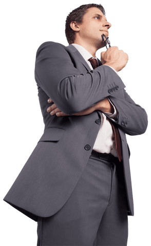 Transparent Businessman Thinking Holding Glasses