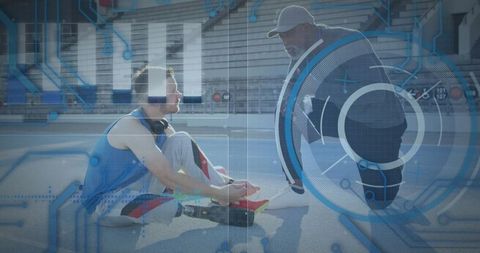 Athlete and coach analyzing performance data with futuristic interface