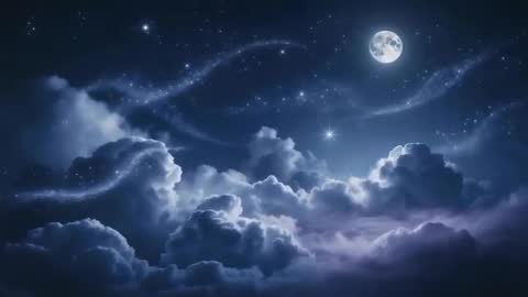 Luminous Full Moon with Billowing Clouds and Twinkling Stars