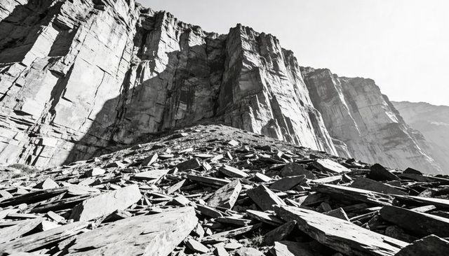 Dramatic talus slope ascending toward towering stratified cliff in alpine canyon