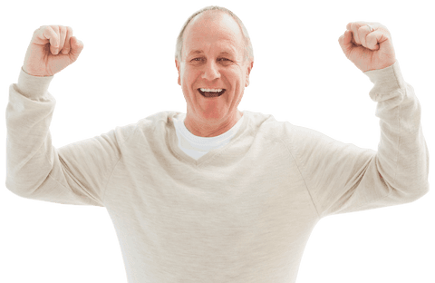 Joyful Mature Man Celebrating with Arms Raised on Transparent Background