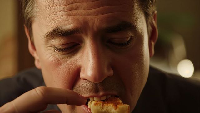 Man biting flaky pastry closeup with crumbs on fingers and visible stubble, intimate moment