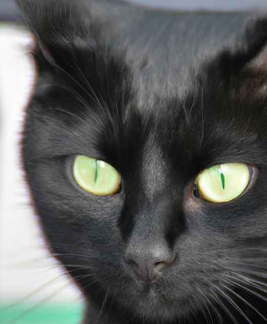 Close up of black cat with green eyes created using generative ai technology. Animals, pets and nature concept, digitally generated image.