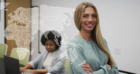 Confident Blonde Business Leader Standing in Modern Boardroom with Global Map Overlay