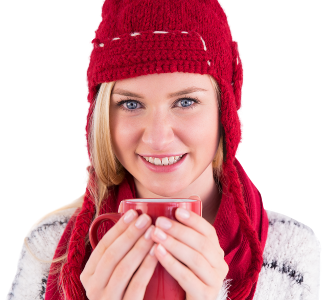 Transparent Smiling Blonde Woman in Red Beanie Holding Mug - Download Free Stock Videos Pikwizard.com