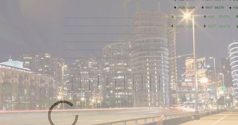 Digital data processing on cityscape at night