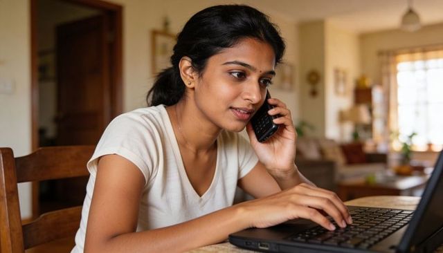 Indian woman working from home talking on phone while typing on laptop at wooden table