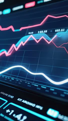 Vertical finance dashboard displaying neon pink and cyan line charts tracking market trends