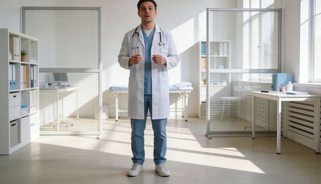 Male doctor standing in sunny clinic wearing white coat and blue scrubs with stethoscope