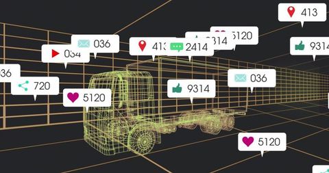 Futuristic Semi-Truck with Floating Social Media Icons in Digital Grid