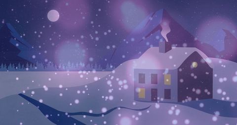 Tranquil Winter Landscape with Snowy Mountain and Cozy Cabin