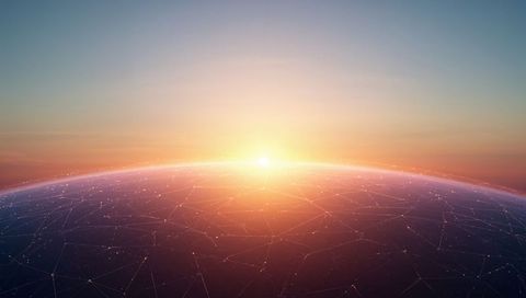 Global digital network sunrise over curved planetary horizon with connected nodes and ai
