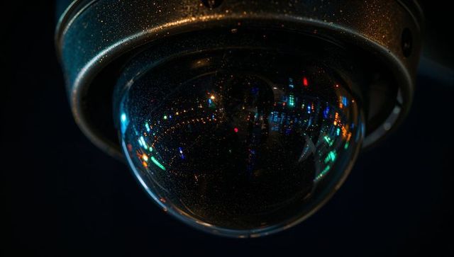 Security dome camera reflecting colorful city lights in dim lobby with dust-speckled glass