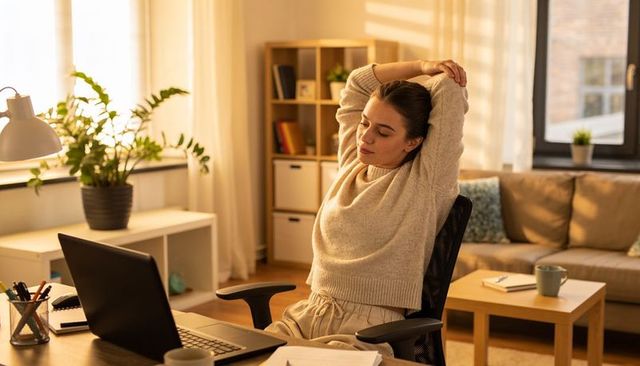 Woman stretching at home office desk during golden hour, relaxing remote work routine
