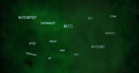Glowing green hud numbers and numeric codes floating over dark digital data stream