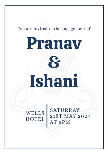 This minimalist engagement party invitation features elegant typography and delicate flower accents on a white background. Perfect for soon-to-be brides and grooms like Pranav and Ishani looking to invite family and friends to a stylish, formal celebration. Great for event planners, wedding organizers or couples seeking a modern invitation design.