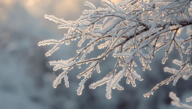 Glinting ice-coated branches with hanging icicles catching low-angle sunrise light
