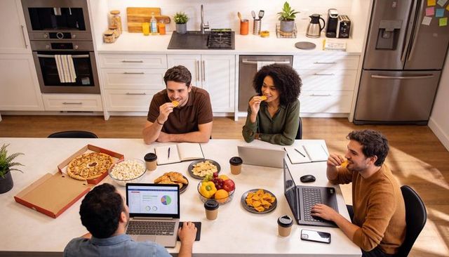 Team collaborating at kitchen island eating pizza, drinking coffee and working on laptops