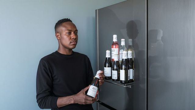 Black man checking cooler shelf while holding sealed wine bottle in modern kitchen