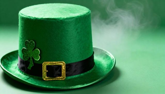 St Patrick leprechaun top hat with glitter shamrock and gold buckle on emerald backdrop