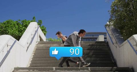 Active Runners Descending Urban Staircase with Social Media Engagement Icon