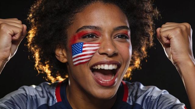 Cheering woman raising fists with american flag face paint and striped sports jersey