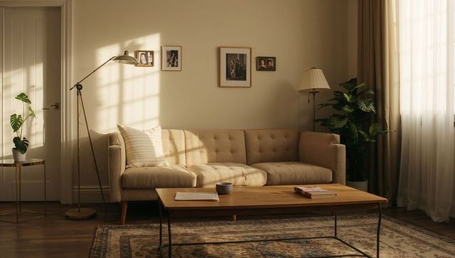 Sunlight streaming over beige tufted sofa and wooden coffee table in midcentury living room