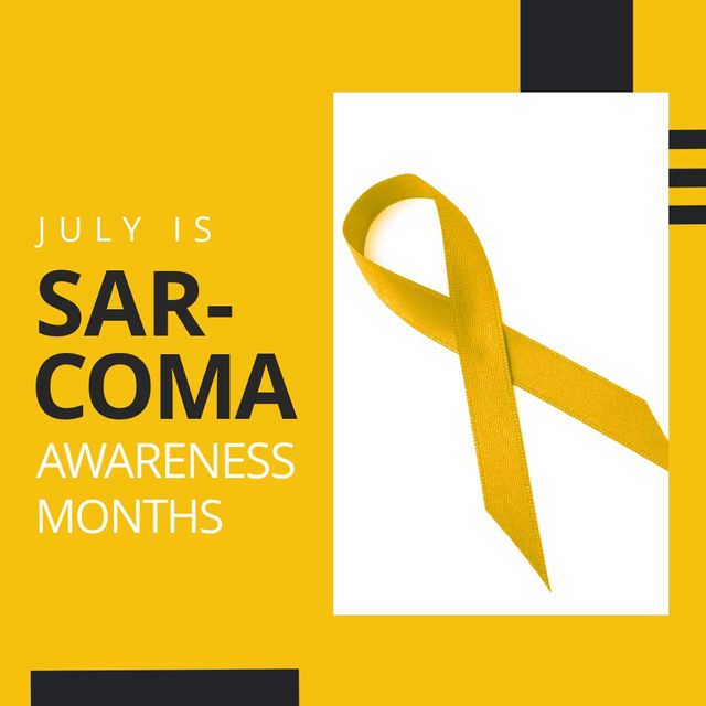 Illustration features bold, yellow awareness ribbon positioned centrally on a yellow and black background with text 'July is Sarcoma Awareness Months'. Ideal for campaigns, educational materials, social media posts, and related healthcare and awareness projects.