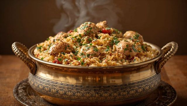 Steaming chicken pilaf in ornate brass bowl with golden spiced rice and herb garnish