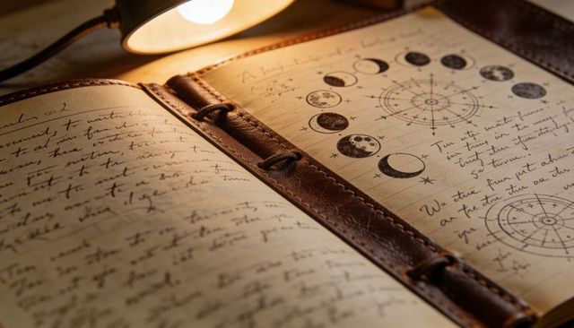Vintage leather journal with handwritten celestial moon phase diagrams under lamp