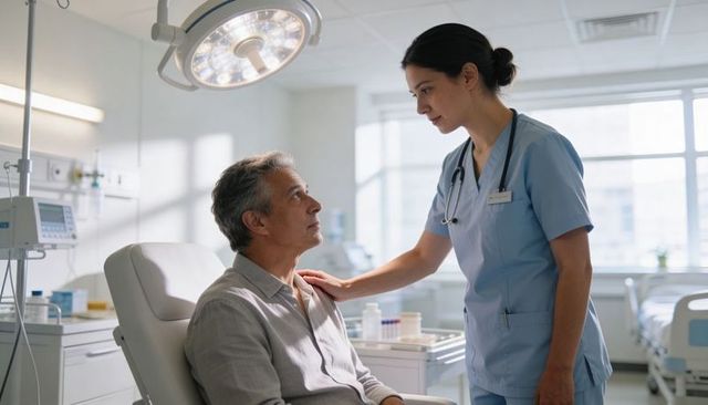 Nurse comforting middle-aged male patient during hospital consultation and compassionate care