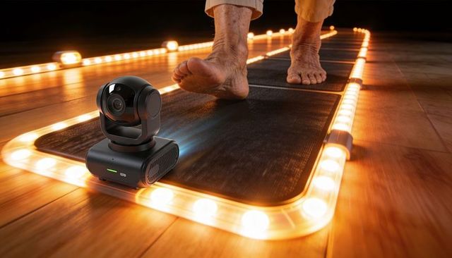 Senior walking barefoot on LED-lit safety mat monitored by pan-tilt camera for fall alerts
