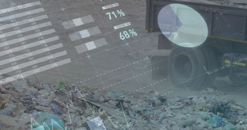 Garbage truck collecting waste with digital data overlay on recycling