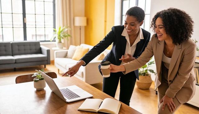 Two Women Collaborating Over Laptop in Sunlit Home Office for Remote Teamwork