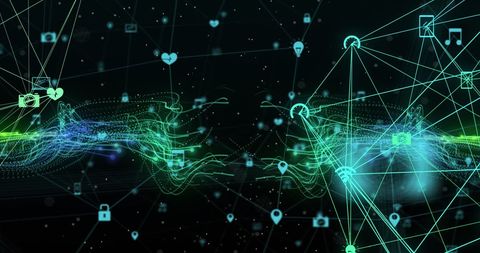 Interconnected Network of Technological Media Icons on Dark Digital Background - Download Free Stock Images Pikwizard.com