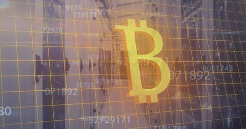 Bitcoin Symbol Floating Over Digital Servers Grid