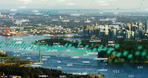 Cityscape with business and technology data overlay