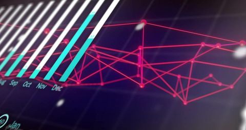 Displaying 3D neon data visualization with cyan bars and magenta network on futuristic dashboard