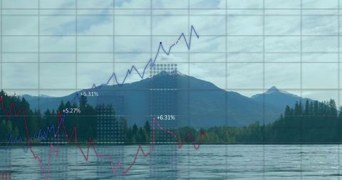 Mountain lake reflection with data visualization overlay