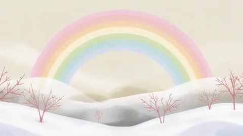 Pastel rainbow arching over snowy hills, slow push revealing drifting particles loop