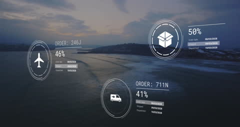 Digital Data Interfaces Hovering Over Coastal Landscape at Sunset