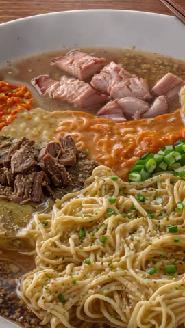 Opening overhead video showing steaming ramen with sliced pork, noodles and green onions