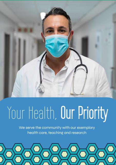 This image showcases a confident male doctor wearing a mask and standing in a hospital hallway, symbolizing the commitment to professional and trustworthy healthcare services. Ideal for healthcare brochures, community health programs, medical facilities websites, and social media promotions emphasizing reliability and quality in health care.
