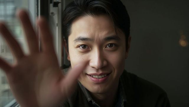 Leaning asian man reaching toward camera smiling near window with city bokeh light