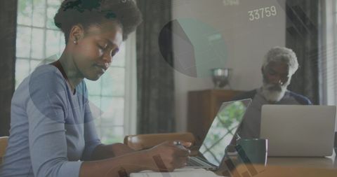 Woman analyzing data with laptop in home environment