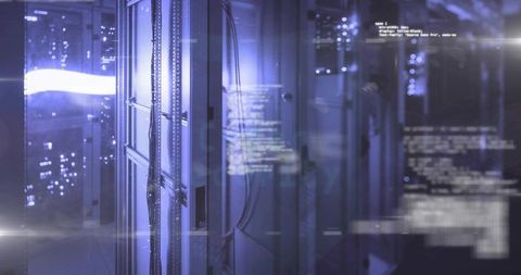 Blue Neon Server Rack in Modern Datacenter with Cables, LEDs and Floating Code Overlay